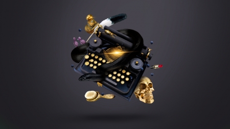 Black typewriter - black, snake, typewriter, feather, golden, candy, skull