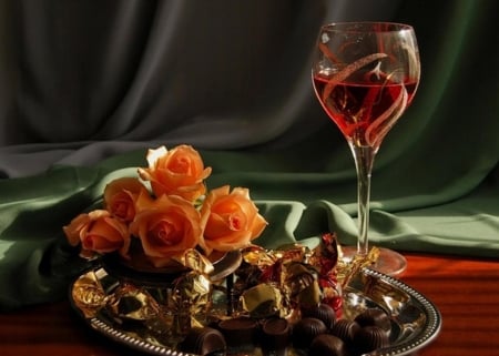 Happy Time - glass, still life, rose, chocolate