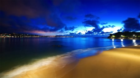 Sand Beach at Night - clouds, nature, blue, beach, lights, landscape, night, sand