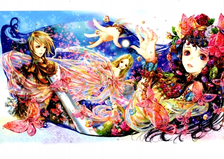 Tukiji Nao - colorful, anime, people, butterflies, tukiji nao