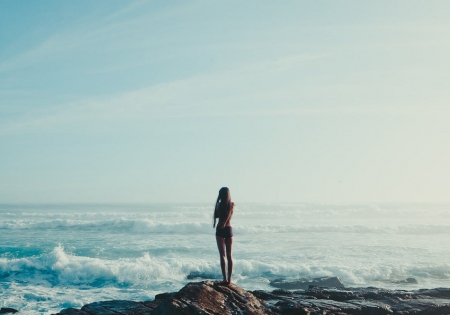 My Sea - women, beauty, sky, ocean, beach, waves, rocks, clouds, stones, sea