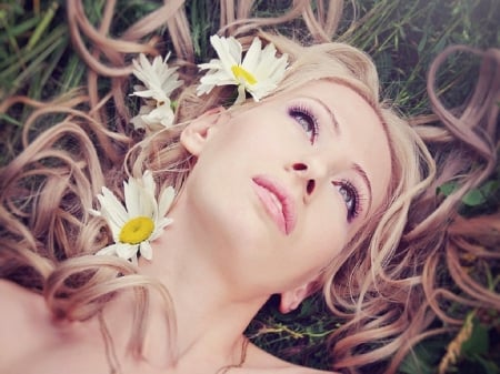 Blue Skies - flowers, women, make up, beauty, grass, face