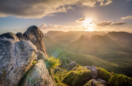 Sunset Over the Mountains - mountains, rocks, clouds, rays, trees, sunset, nature