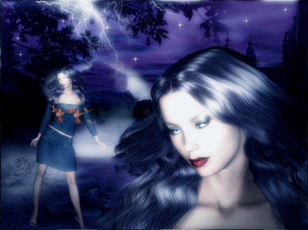 cg babe - stars, lightning, tree, woman