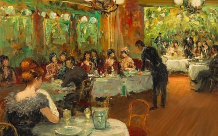 Claudine at Maxim's in Paris by Marcel Dyf - people, blue, brown, table, marcel dyf, paris, white, maxim, painting, art, claudine