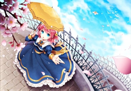 Spring - anime, sakura, yellow, blue, dress, girl, spring, flower, petals, pink, manga, umbrella, saban