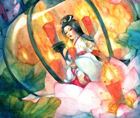 Lotus light - anime, blue, light, pink, candles, art, lotus, girl, orange, flower, watercolor, manga, fantasy, shuka taupe, green, woman, painting, asian