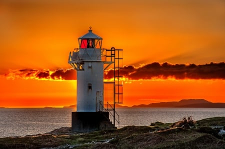 Lighthouse at Sunset - sky, water, clouds, coastline, sea, colors