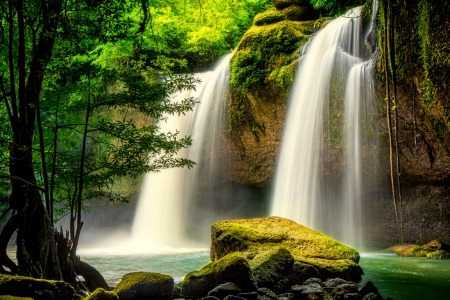 Summer waterfall - greenery, fall, trees, waterfall, summer, beautiful, forest