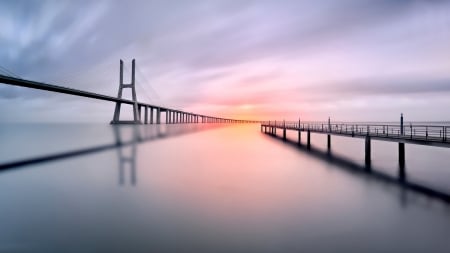 Vasco da Gama Bridge - Portugal - bridges, Portugal, sunset, Vasco da Gama Bridge, landscape, architecture