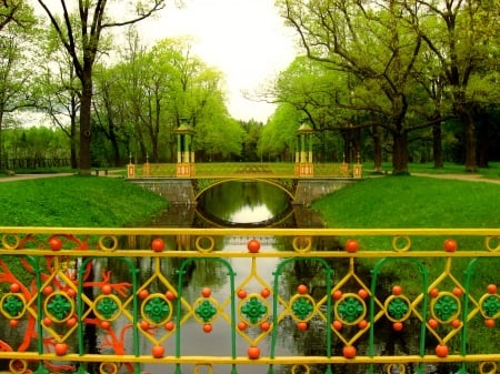 Summer park - greenery, river, trees, summer, beautiful, view, park, bridge