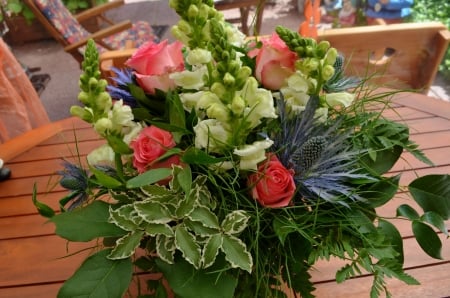 Flower Bouquet - flowers, roses, thistle, petals, leaves, blosoms