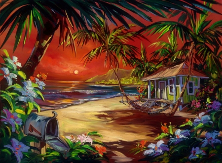 Evening paradise - hut, cottage, sky, beach, paradise, peaceful, colorful, sunset, painting, art, evening, sand, night, palms, summer, shore, exotic, waves, beautiful, flowers, sea