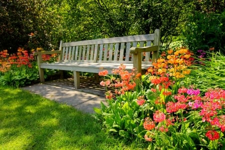 Garden bench - greenery, relax, trees, summer, grass, rest, flowers, garden, bench, park