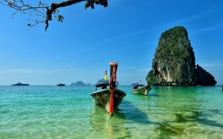 railay beach thailand - beach, railay, boat, rock, thailand, ocean