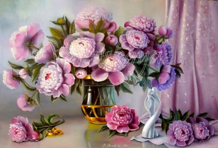 ✿⊱•╮Festive_Peonies╭•⊰✿ - paintings, vases, peonies, flowers, lovely still life, nature, gold rings, love four seasons, draw and paint