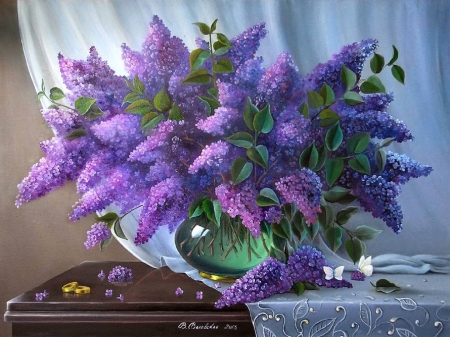 âœ¿âŠ±â€¢â•®Holiday_LiLacâ•­â€¢âŠ°âœ¿ - curtains, draw and paint, vase, nature, love four seasons, gold rings, paintings, flowers, butterfly designs, lovely still life, lilac, butterflies