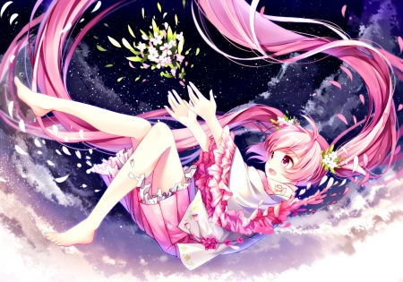 Sakura Miku - anime, vocaloid, girl, bisonbison, flower, pink, manga, white, sakura miku