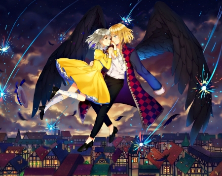 Howl and Sophie - girl, dangmill, manga, wings, howl s moving castle, fantasy, sophie, dark angel, city, couple, feather, yellow, howl, anime, dress, house, boy, man