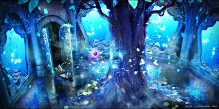 The tree - magical, water, boat, anime, blue, manga, art, fantasy, butterfly, lost elle, tree