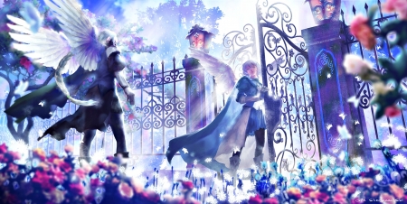 Angels in the garden - anime, lost elle, blue, angel, flower, pink, man, boy, fantasy, garden, wings, gates