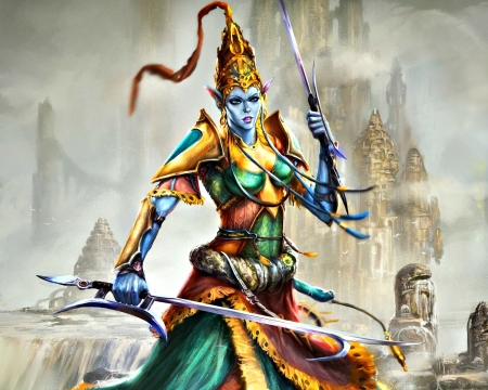 Djinn - woman, girl, fantasy, art, tsabo6, yellow, blue, orange, green, weapon, sword, djinn, avatar