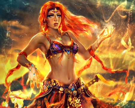 Sorceress - sorceress, tsabo6, girl, magical, orange, witch, fantasy, redhead, woman, art