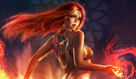 Sorceress - sorceress, game, tsabo6, magical, orange, witch, fantasy, redhead, red, art, luminos