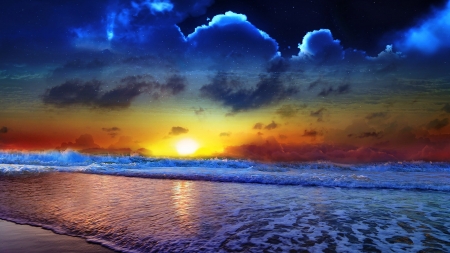 Amazing Sunset - sky, reflection, clouds, sunset, nature, waves