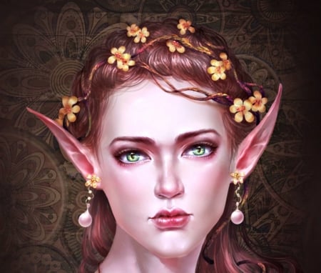 Elf princess - face, flower, elf, girl, art, brown, fantasy, orange, lu, princess, woman