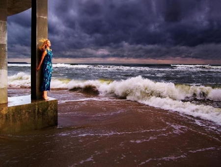 Awaiting the Storm - woman, sky, beach, clouds, sea, waves