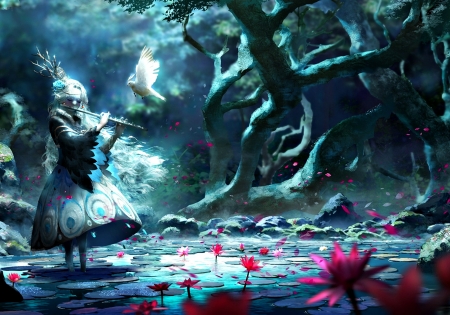 Serenity song - flute, lake, girl, song, instrument, bird, serenity, lotus, art, pink, blue, lost elle, anime, flower, manga