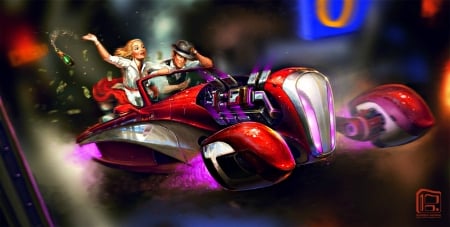 Enjoying the ride - red, pink, black, game, blonde, blue, george redreev, art, fantasy, car, couple, woman, man