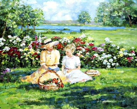 Picnic in the rose garden - woman, girl, couple, rose, painting, art, green, garden, flower