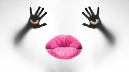 Dissatisfied - mood, eyes, creative, pink, black, lips, fantasy, white, hand, funny, dissatisfied, situation