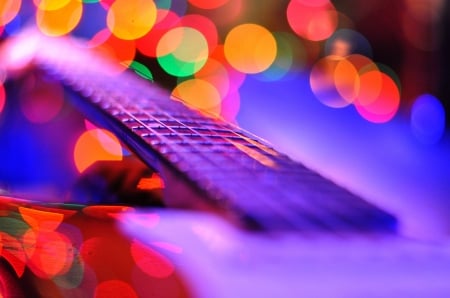 Guitar - red, purple, guitar, instrument, strings, bokeh, orange, colorful, green