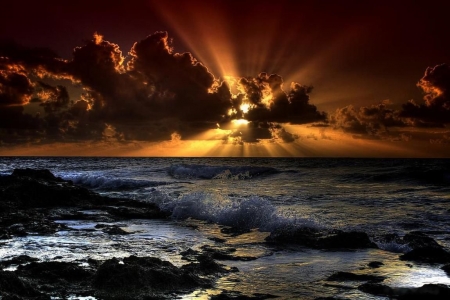 Adorable Sky - clouds, water, sunset, sea, waves, coast