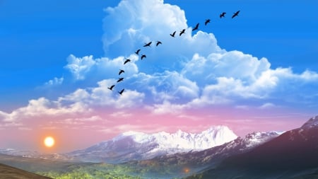 ~*~ Sun Raise At The Montain ~*~ - clouds, birds, sunset, nature, HD wallpaper, landscape, montains, sun raise