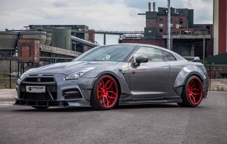 Widebody-Nissan-GT-R - red wheels, gray, spolier, nissan