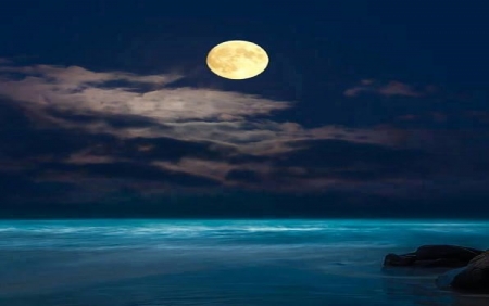 Full Moon Night - moon, island, clouds, water