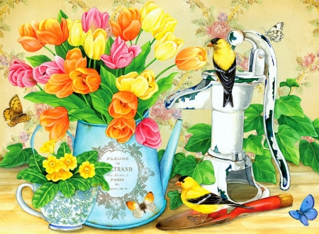 Tulips bouquet - pretty, tulips, bird, beautiful, flowers, bouquet, vase, lreaves, colorful