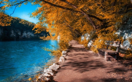 Autumn Walk - trees, croatia, bench, path, plitvice, fall, yellow, river, beautiful, blue