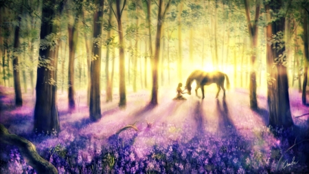 Hello, my friend! - anime, girl, forest, friend, flower, light, horse, tree, manga, anbe yoshirou, animal, purple, signed, art, luminos, woods