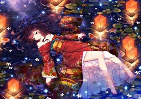 Floating - girl, fangxiang cuoluan, night, colorful, water, barefoot, japanese, original, lantern, luminos, red, blue, anime, orange, kimono, manga