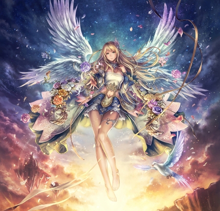 Angel - pink, bird, anbe yoshirou, dove, yellow, anime, girl, blue, manga, wings, angel