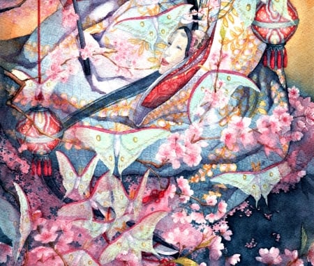 Noh mask - anime, sakura, yellow, girl, spring, watercolor, noh mask, manga, shuka taupe, butterfly, art