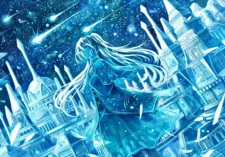 Blue night - falling, bou nin, anime, blue, girl, night, stars, fantasy, comet, art, castle, luminos, building