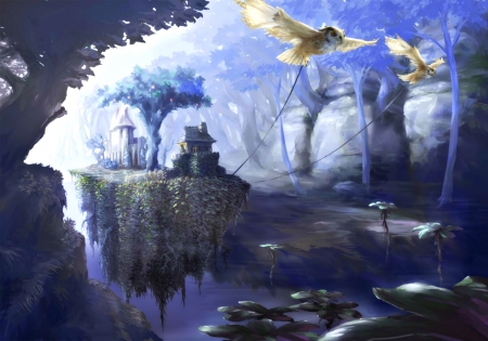 Fantasy - house, bird, anime, cb, blue, island, tree, owl, manga, fantasy, white, world, wings, art