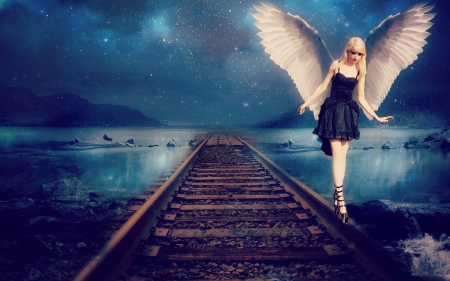 Angel - feather, black, water, blonde, girl, dress, blue, wings, white, fantasy, angel