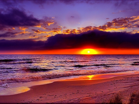 Beach Sunset - nature, sky, ocean, beach, reflection, clouds, sunset, sea